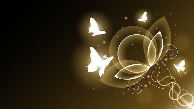 Abstract Dark Background With Butterflies Insects And Flower Glow Light Shine Flashes Vector Design