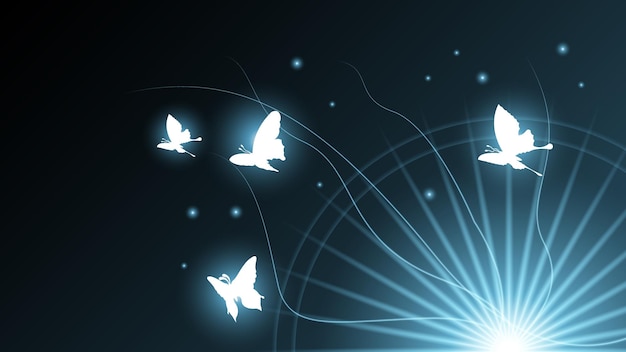 Abstract Dark Background With Butterflies Insects Glow Light Shine Flashes Vector Design Style