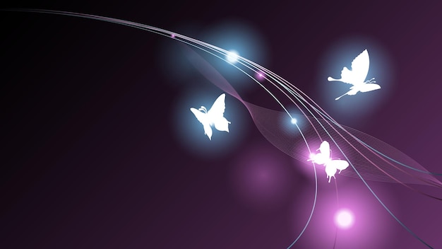 Vector abstract dark background with butterflies insects glow light shine flashes vector design style