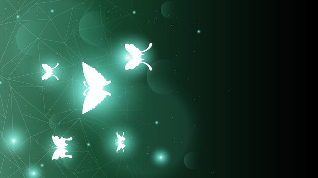 Abstract dark background with butterflies insects glow light shine flashes vector design style