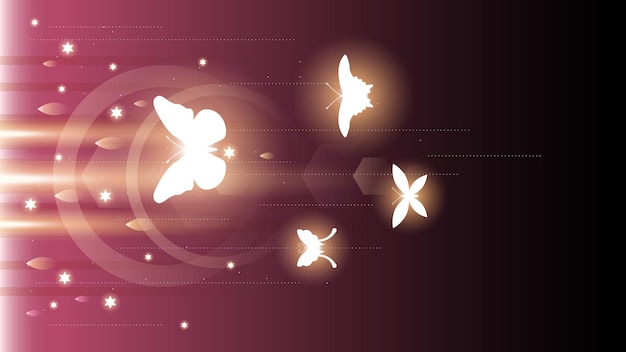 Abstract Dark Background With Butterflies Insects Glow Light Shine Flashes Vector Design Style