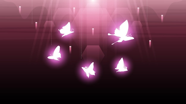 Abstract dark background with butterflies insects glow light shine flashes vector design style