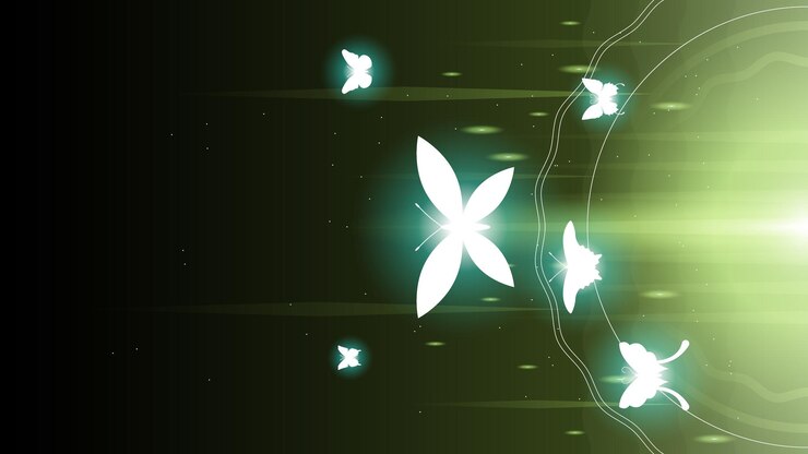 Vector abstract dark background with butterflies insects glow light shine flashes vector design style