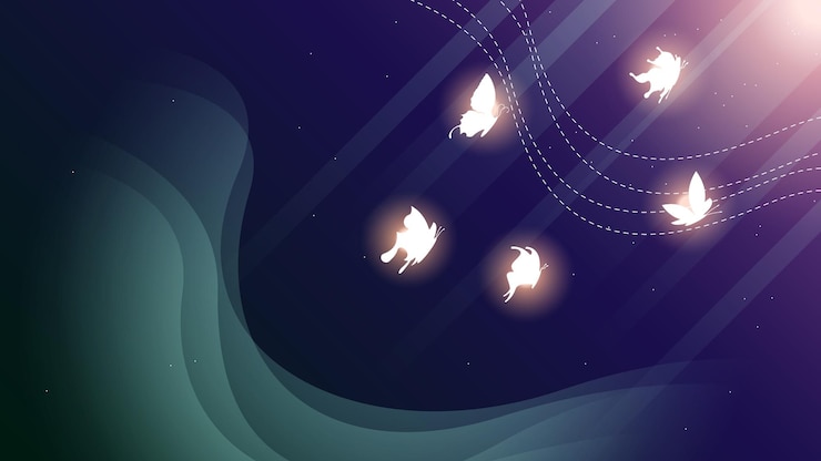 Vector abstract dark background with butterflies insects glow light shine flashes vector design style