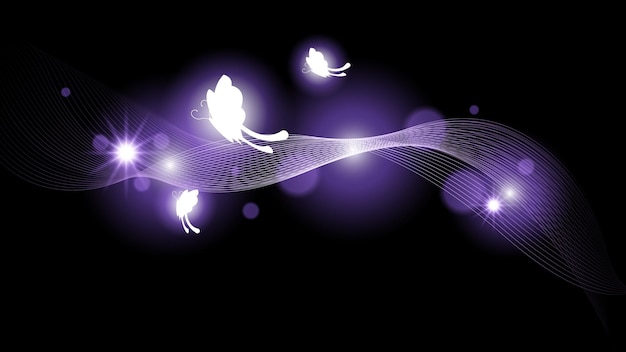 Abstract Dark Background With Butterflies Insects Glow Light Shine Flashes Vector Design Style