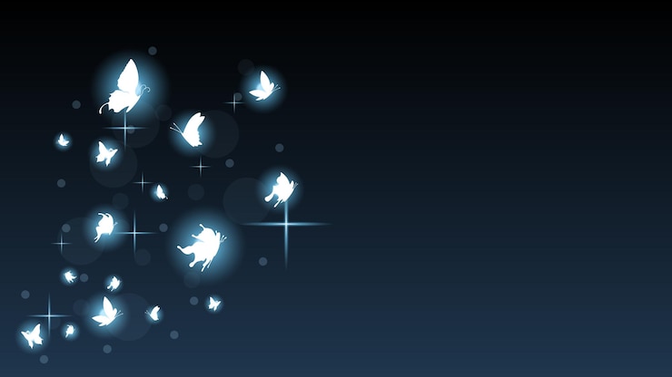 Vector abstract dark background with butterflies insects glow light shine flashes vector design style