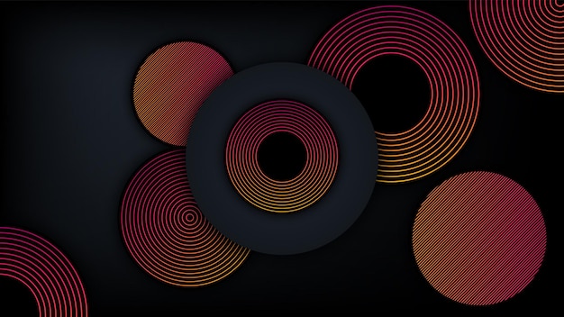 グラデーションラインの背景デザインと抽象的な濃い黒のオーバーラップ円の形