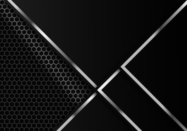 金属六角形の抽象的なダークカーボンファイバーと金属線現代技術デザインの背景