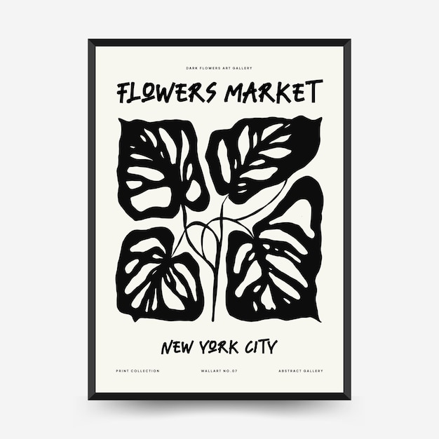 abstract dark floral posters template modern trendy matisse minimal style black and white colors