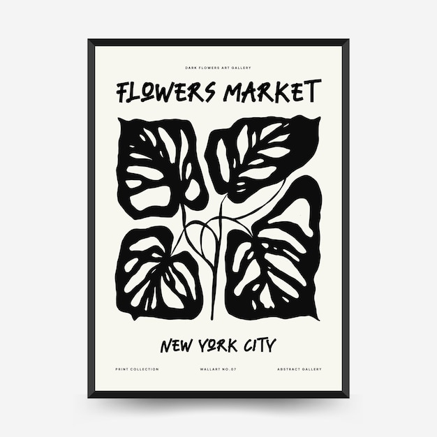 Abstract dark floral posters template Modern trendy Matisse minimal style Black and white colors