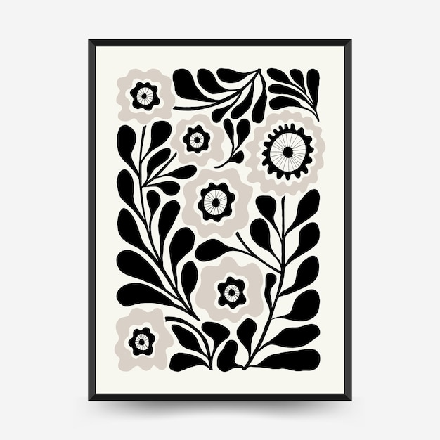 Abstract dark floral posters template Modern trendy Matisse minimal style Black and white colors