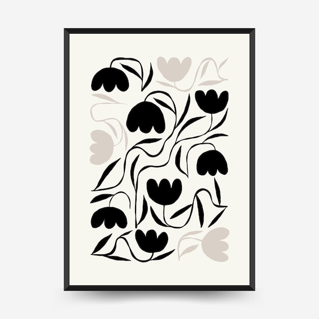 Abstract dark floral posters template Modern trendy Matisse minimal style Black and white colors