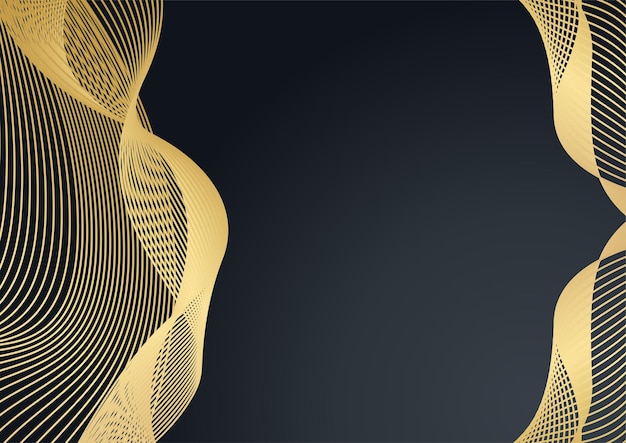 抽象的なダークグレーメタリックゴールドライト高級デザインモダンな未来的な背景ベクトルイラスト。黒の背景に抽象的な黄金の波。金色の線で抽象的な豪華な黒の背景。