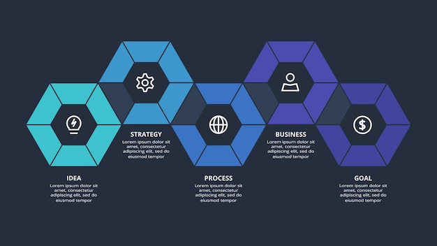 Infografica scura astratta con un modello di 6 elementi per il web su una presentazione aziendale di sfondo nero