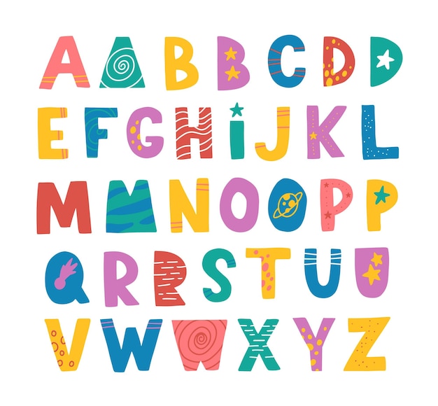 Абстрактный декоративный английский алфавит Space cute Kids font Идеально подходит для образования домашнего декора Векторная красочная иллюстрация в милом скандинавском стиле