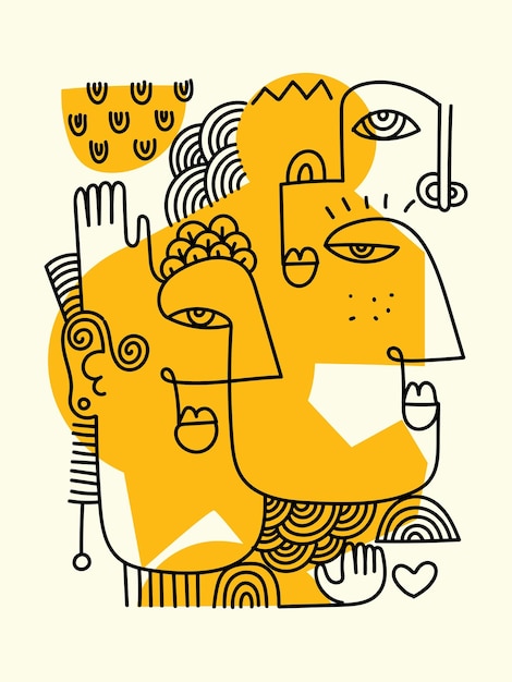 Abstract decorative face portraits cubism line art with simple color hand drawn vector illustration