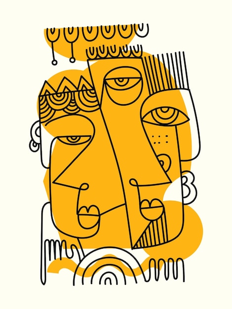 Abstract decorative face portraits cubism line art with simple color hand drawn vector illustration