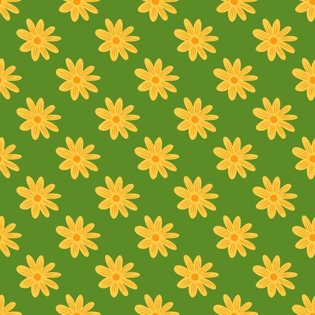 Modello senza cuciture decorativo astratto con stampa di forme di fiori gialli brillanti. sfondo verde. progettazione grafica per carta da imballaggio e trame di tessuto. illustrazione di vettore.