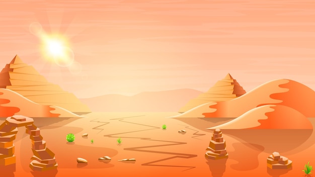 Abstract Desert Background Summer With Sun Sand Clouds Mountains Cactus Pyramids Vector Design
