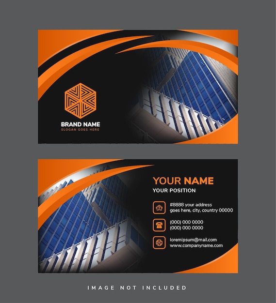 Vector abstract design business card with space for text and photo horizontal layout using black orange