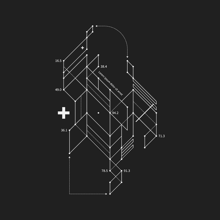 Vector abstract design element in draft style on black background.