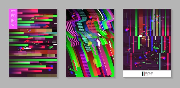 Abstract Design Set in Glitch Style. Trendy Background Templates with Geometric Shapes for Posters, Covers, Banners, Flyers, Placards. Vector illustration