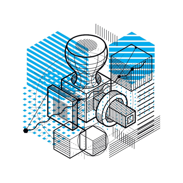 Vector abstract design with 3d linear mesh shapes and figures, vector isometric background. cubes, hexagons, squares, rectangles and different abstract elements.