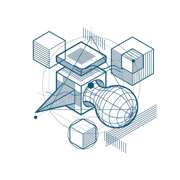 3d線形メッシュの形状と図、ベクトル等角投影の背景を持つ抽象的なデザイン。立方体、六角形、正方形、長方形、およびさまざまな抽象的な要素。
