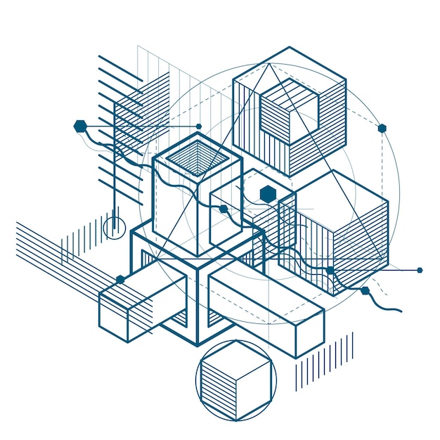 Abstract design with 3d linear mesh shapes and figures, vector isometric background. Cubes, hexagons, squares, rectangles and different abstract elements.