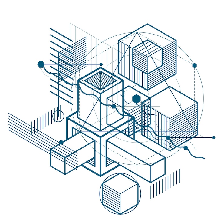 Vector abstract design with 3d linear mesh shapes and figures, vector isometric background. cubes, hexagons, squares, rectangles and different abstract elements.