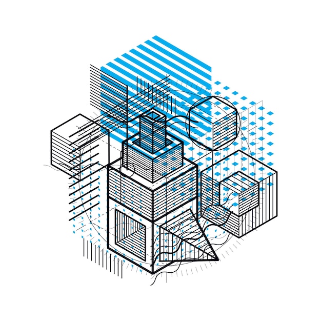 Vettore disegno astratto con forme e figure a maglie lineari 3d, sfondo isometrico vettoriale. cubi, esagoni, quadrati, rettangoli e diversi elementi astratti.