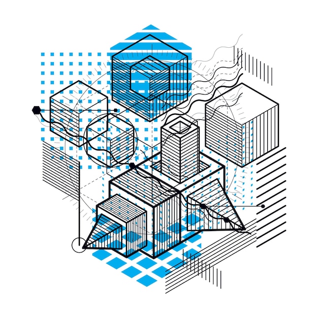3d線形メッシュの形状と図、ベクトル等角投影の背景を持つ抽象的なデザイン。立方体、六角形、正方形、長方形、およびさまざまな抽象的な要素。