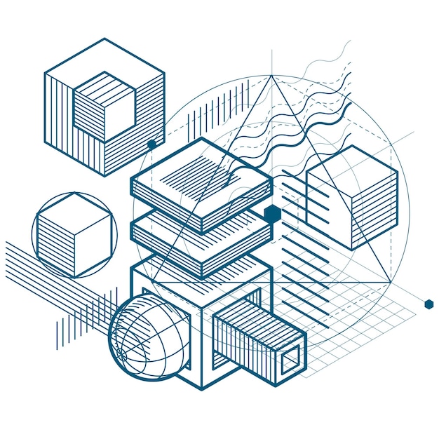 3d線形メッシュの形状と図、ベクトル等角投影の背景を持つ抽象的なデザイン。立方体、六角形、正方形、長方形、およびさまざまな抽象的な要素。
