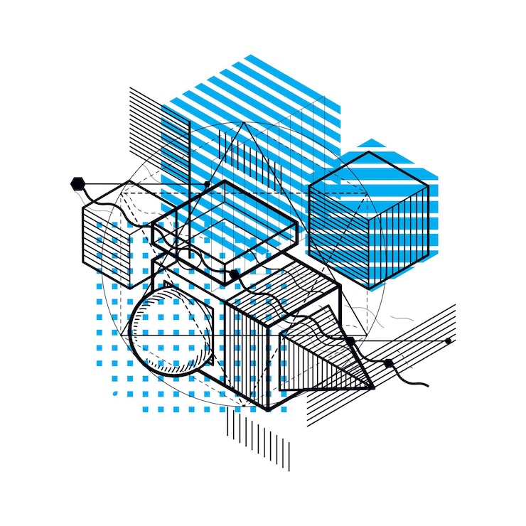 Vector abstract design with 3d linear mesh shapes and figures, vector isometric background. cubes, hexagons, squares, rectangles and different abstract elements.