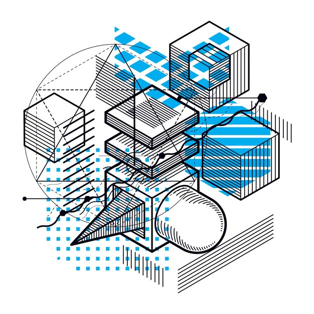Abstract design with 3d linear mesh shapes and figures, vector isometric background. Cubes, hexagons, squares, rectangles and different abstract elements.