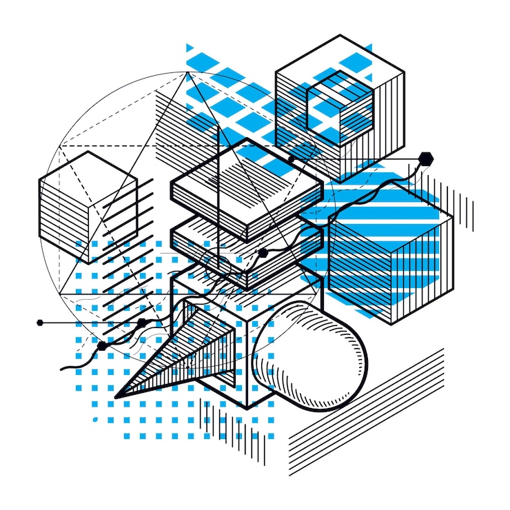 Vector abstract design with 3d linear mesh shapes and figures, vector isometric background. cubes, hexagons, squares, rectangles and different abstract elements.