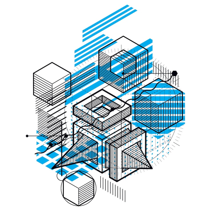 Vector abstract design with 3d linear mesh shapes and figures, vector isometric background. cubes, hexagons, squares, rectangles and different abstract elements.
