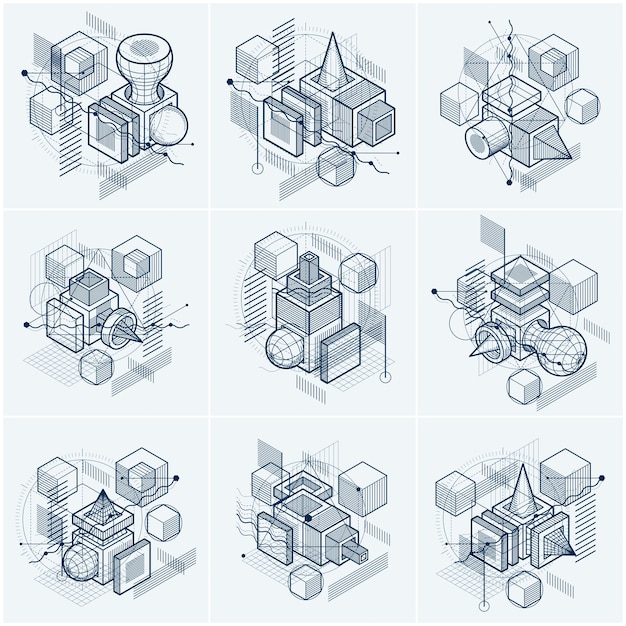Вектор Абстрактные конструкции с трехмерными линейными сетчатыми формами и фигурами, векторными изометрическими фонами. кубы, шестиугольники, квадраты, прямоугольники и различные абстрактные элементы. векторная коллекция.