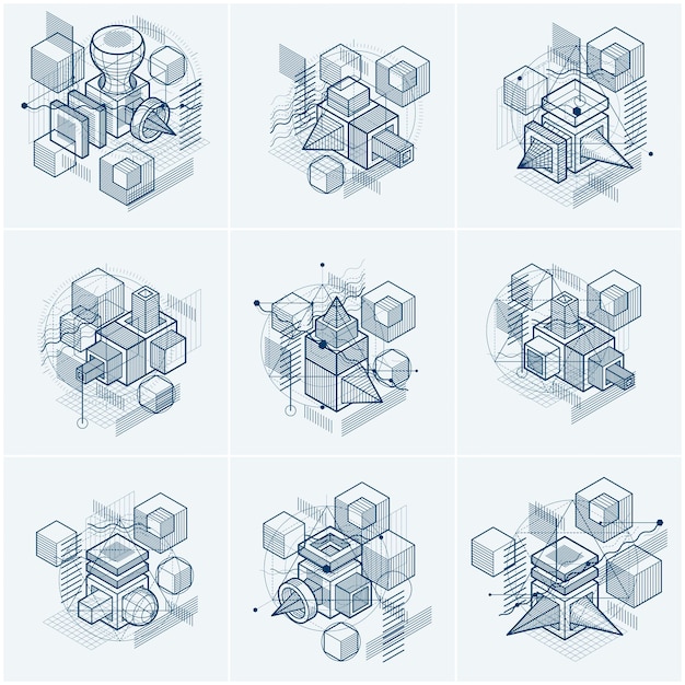 abstract designs with 3d linear mesh shapes and figures, vector isometric backgrounds. cubes, hexagons, squares, rectangles and different abstract elements. vector collection.