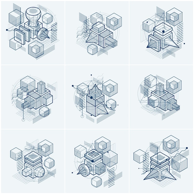 Abstract designs with 3d linear mesh shapes and figures, vector isometric backgrounds. Cubes, hexagons, squares, rectangles and different abstract elements. Vector collection.