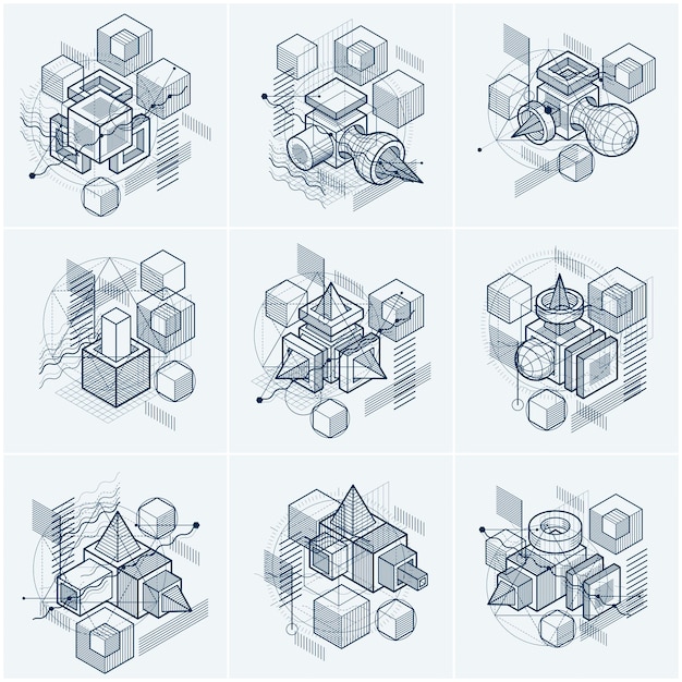 Abstract designs with 3d linear mesh shapes and figures, vector isometric backgrounds. Cubes, hexagons, squares, rectangles and different abstract elements. Vector collection.