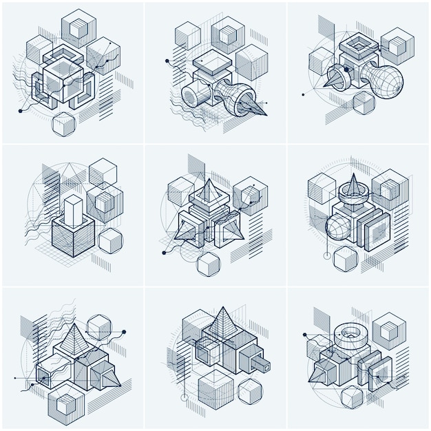 3d 선형 메쉬 모양과 그림, 벡터 아이소메트릭 배경이 있는 추상 디자인. 큐브, 육각형, 사각형, 사각형 및 다른 추상 요소. 벡터 컬렉션입니다.