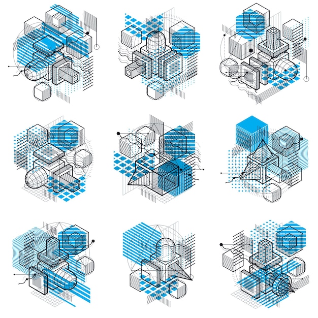 Abstract designs with 3d linear mesh shapes and figures, vector isometric backgrounds. Cubes, hexagons, squares, rectangles and different abstract elements. Vector collection.