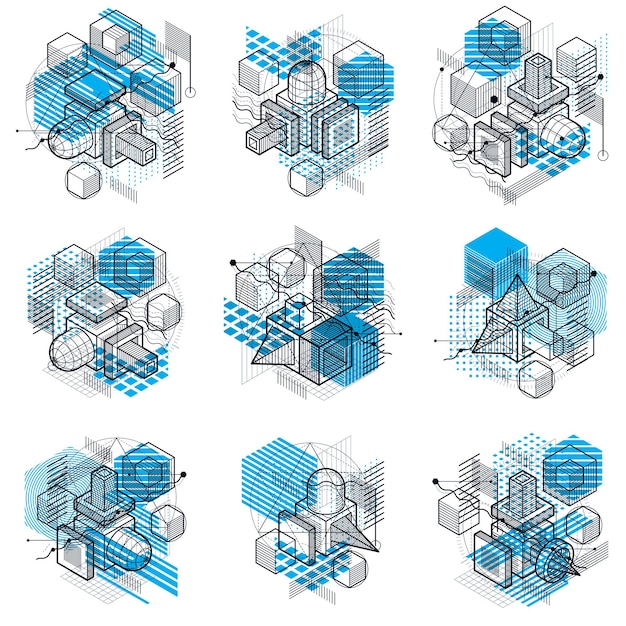 3d 선형 메쉬 모양과 그림, 벡터 아이소메트릭 배경이 있는 추상 디자인. 큐브, 육각형, 사각형, 사각형 및 다른 추상 요소. 벡터 컬렉션입니다.