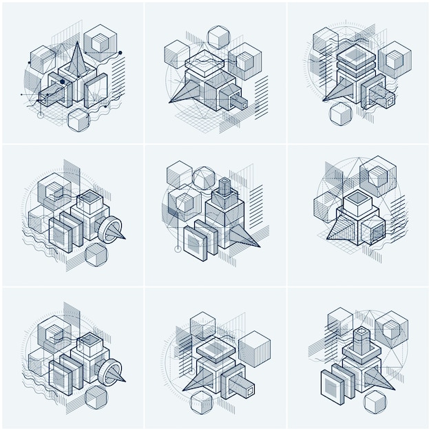 Abstract designs with 3d linear mesh shapes and figures, vector isometric backgrounds. Cubes, hexagons, squares, rectangles and different abstract elements. Vector collection.