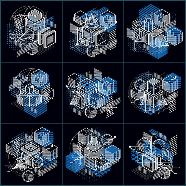 Abstract designs with 3d linear mesh shapes and figures, vector isometric backgrounds. Cubes, hexagons, squares, rectangles and different abstract elements. Vector collection.