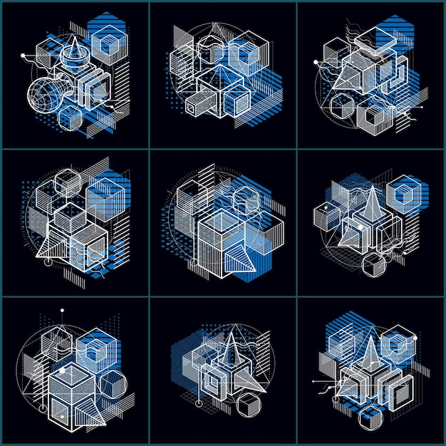 Абстрактные конструкции с трехмерными линейными сетками и фигурами, векторными изометрическими фонами. Кубы, шестиугольники, квадраты, прямоугольники и различные абстрактные элементы. Векторная коллекция.