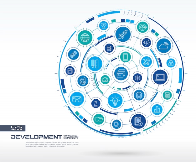 Abstract development, programming background. Digital connect system with integrated circles, glowing line icons. Network system group, interface concept.  future infographic illustration