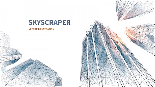 Vector abstract digital low angle view of skyscrapers. polygons lines, particles, and connected dots. isolated business buildings on white background. 3d technology concept of success and business. polygon