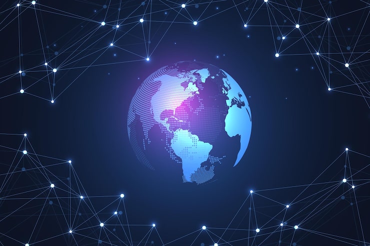 Vector abstract digital network connection structure on blue background. artificial intelligence and engineering technology concept. global network big data, lines plexus, minimal array. vector illustration.